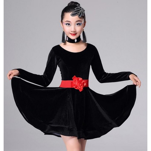 Girls ballroom latin dance dresses kids children pink blue black red stage performance competition rumba salsa chacha cosplay outfits costumes